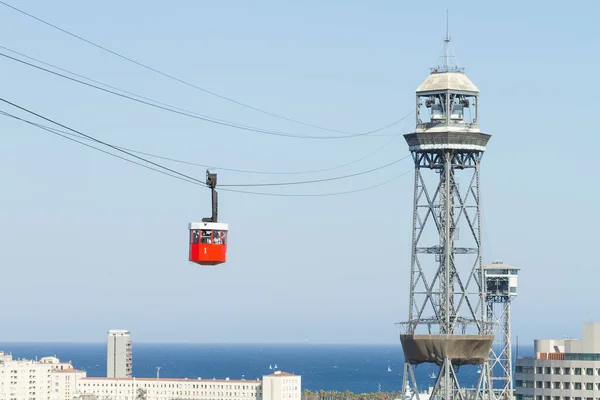 Una Vista Panoramica Della Funivia Montjuic Con Cabina Colore Rosso — Foto Stock