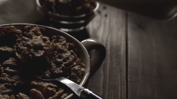 Closeup Person Pouting Milk Bowl Cereal Table Shot — Wideo stockowe