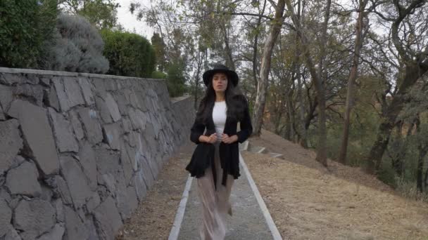 Slow Motion Brunette Hispanic Woman Cowboy Hat Walking Park Mexico — Vídeo de stock