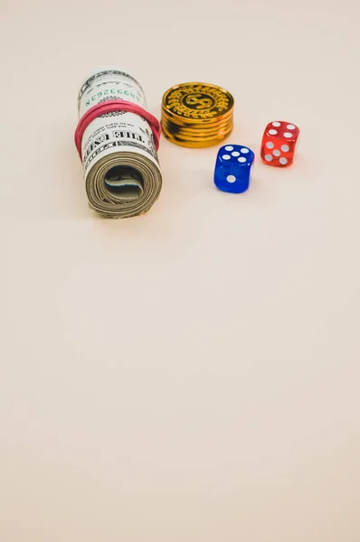 Vertical Shot Gold Coins Dice Rolled Dollars Solid Baby Pink — Stock Photo, Image