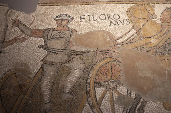 Guerreiro Entrando Batalha Uma Carruagem Representado Uma Parede Mosaico Romano — Fotografia de Stock