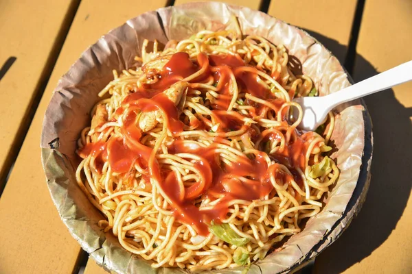 Een Voorgrond Shot Van Een Spaghetti Bord — Stockfoto