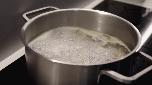 Gros Plan Cuisson Des Pâtes Dans Une Casserole Sur Four — Video