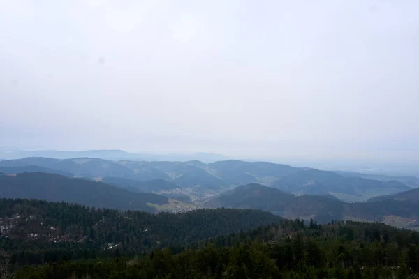 Een Antenne Uitzicht Beboste Bergen Een Mistige Dag — Stockfoto