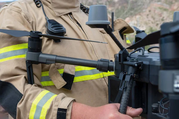 Closeup Shot Firefighter Man Operating Drone Search Rescue — Stock Photo, Image