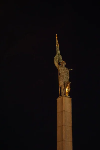 Disparo Vertical Del Memorial Guerra Soviética Con Una Figura Soldado — Foto de Stock