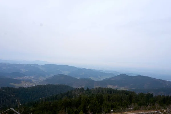 Una Vista Aerea Delle Montagne Boschive Una Giornata Nebbiosa — Foto Stock