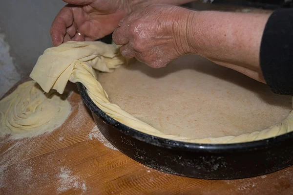 Production Traditional Pie Milk Rustic Elderly Farmer Greek Village — Stock Photo, Image