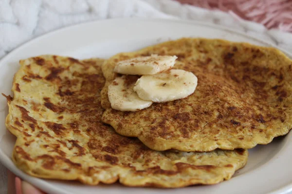 Closeup Shot Homemade Pancakes Banana Slices — Stock Photo, Image