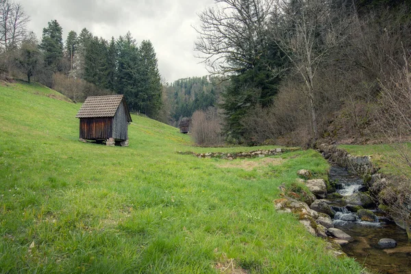 Eine Schöne Ländliche Landschaft Mit Einem Kleinen Holzhaus — Stockfoto