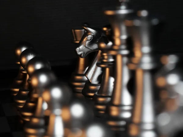 Selective Focus Shot Chess Silver Knight Figure Chessboa — Stock Photo, Image