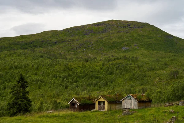 Uma Bela Paisagem Montanhosa Com Vegetação Cabanas Oeste Noruega — Fotografia de Stock