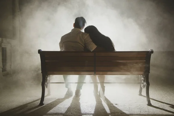 Rear View Young Indian Couple Sitting Bench Night — Stock Photo, Image