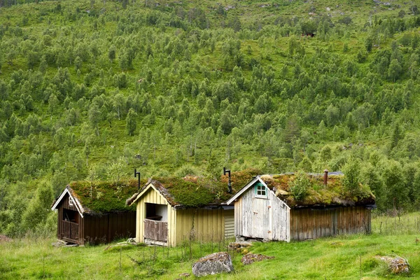 Hermoso Paisaje Montañoso Con Vegetación Cabañas Noruega Occidental —  Fotos de Stock