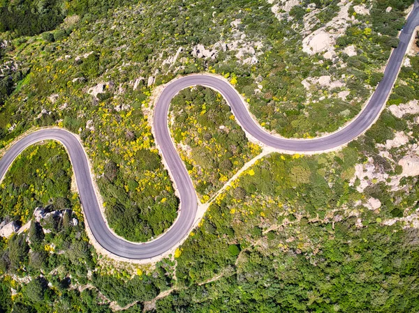 Vista Aérea Superior Sobre Horquilla Vuelta Carretera Curva Colorido Campo — Foto de Stock