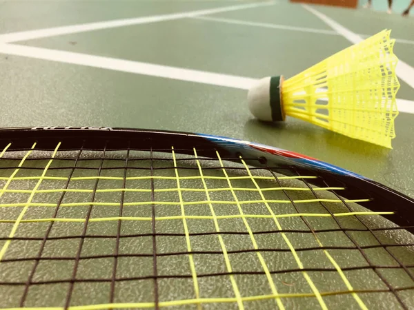 Closeup Badminton Racket Shuttlecock Arena — Stock Photo, Image