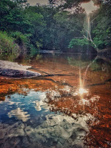 Uma Bela Paisagem Com Raios Sol Refletindo Lago Floresta — Fotografia de Stock