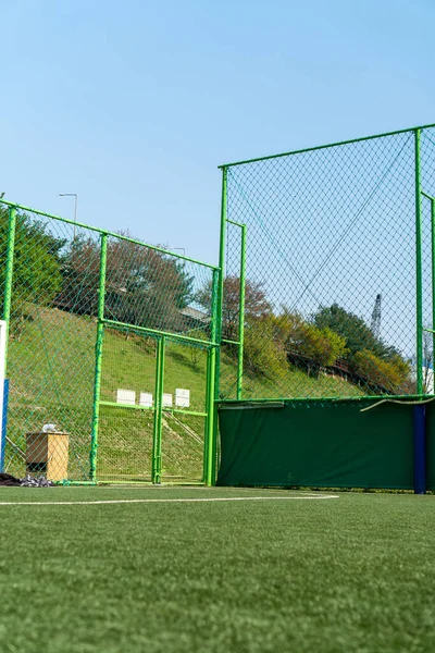 Een Verticaal Shot Van Een Groene Voetbal Speeltuin Met Hekwerk — Stockfoto