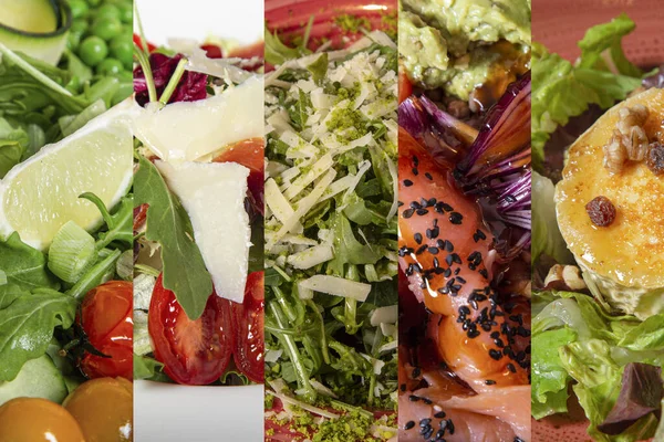 Eine Collage Aus Verschiedenen Köstlichen Salaten — Stockfoto
