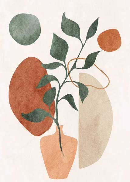 Botanické Abstraktní Umění Akvarel Přírodní Listy Květiny Odstínech Béžové Hnědé — Stock fotografie