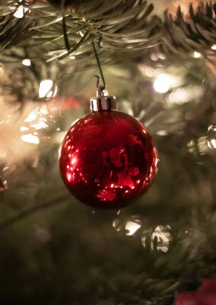 Tiro Vertical Uma Bola Natal Vermelha Pendurada Árvore Natal — Fotografia de Stock