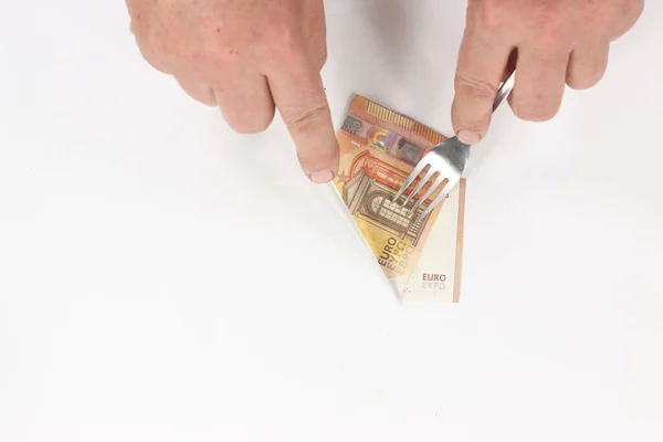 Górny Widok Męskich Rąk Tnących Banknot Euro — Zdjęcie stockowe