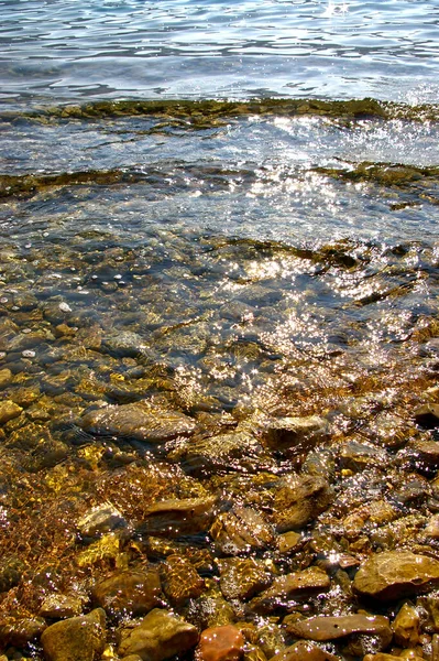 澄んだ水の中に石が見える岩場の海岸の高い角度の眺め — ストック写真