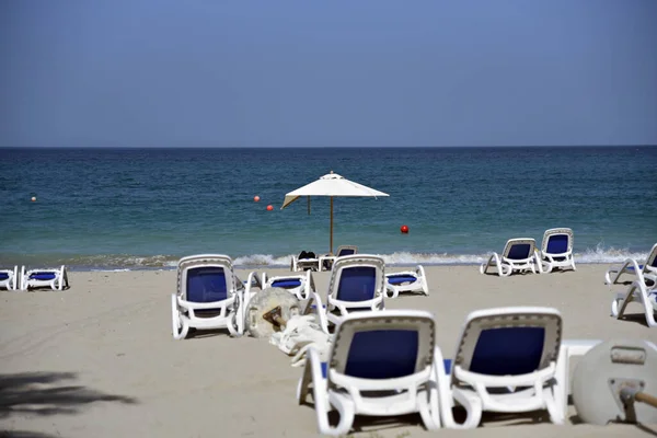 Крупним Планом Знімок Піщаного Пляжу Шезлонгами Однією Пляжною Парасолькою — стокове фото