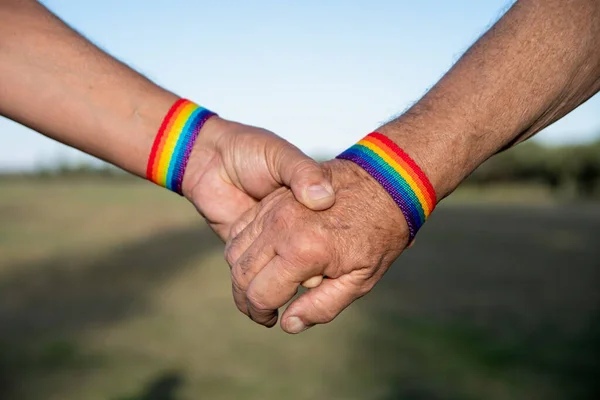 Gros Plan Couple Gay Tenant Les Mains Autre Avec Des — Photo