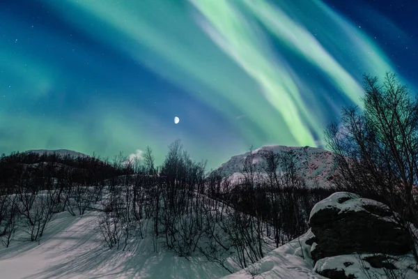 Una Hermosa Vista Paisaje Nocturno Invierno Con Aurora Boreal Luna —  Fotos de Stock