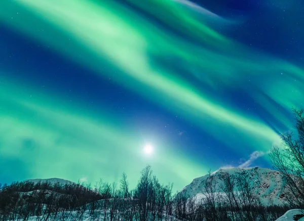 Bellissimo Paesaggio Invernale Notturno Con Aurora Boreale Luna — Foto Stock