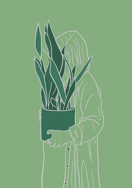 Vertical Illustration Woman Holding Pot Ficus Flower — Stock Photo, Image