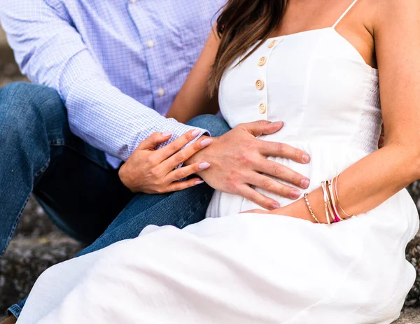Romantic Pregnant Couple Relaxing Outdoors Man Hand Touching Woman Belly — Stock Photo, Image