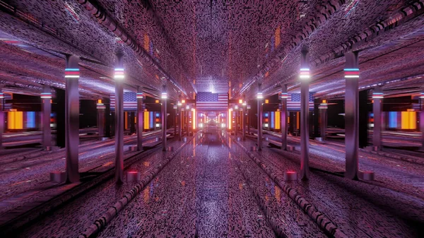 Rendering Futuristic Tunnel Corridor Glowing Lights Reflections — Stock Photo, Image