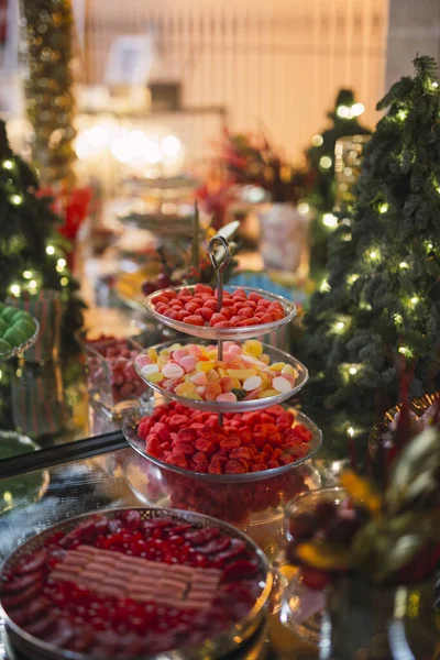Yummy Jelly Marmalade Sweets Christmas Table — Stock Photo, Image