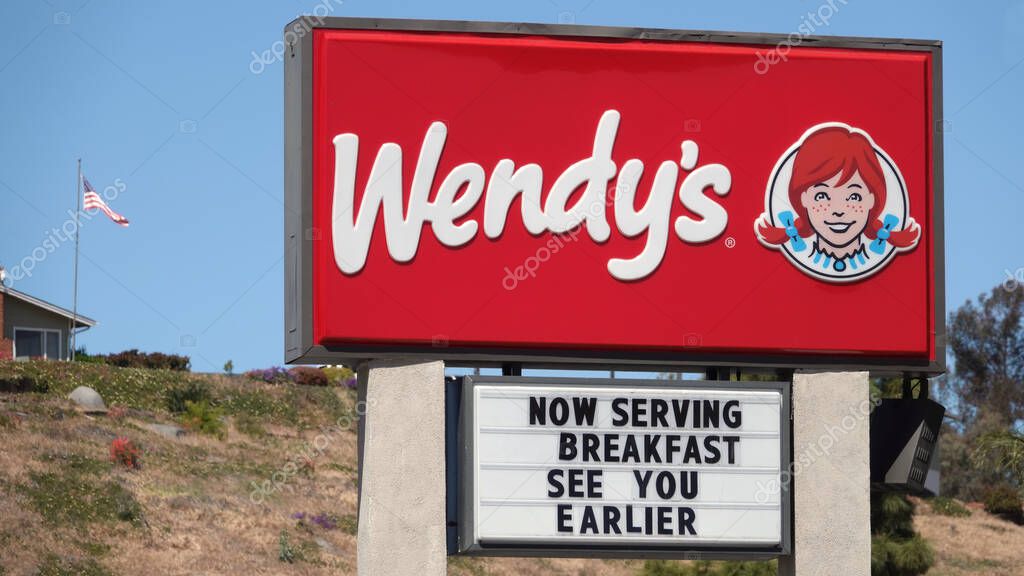VISTA, CA, UNITED STATES - Apr 29, 2021: Vista, CA USA - April 29, 2021: Close up of sign at a Wendy's restaurant