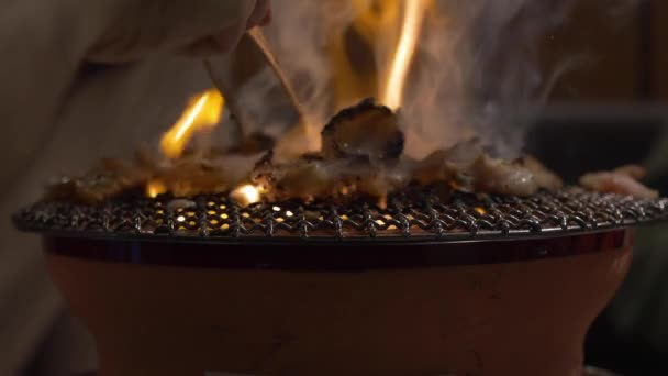 Mann Kocht Fleisch Auf Grill Nahsicht — Stockvideo