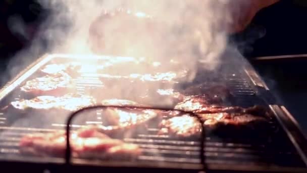 Man Cooking Meat Grill Close View — Stock Video