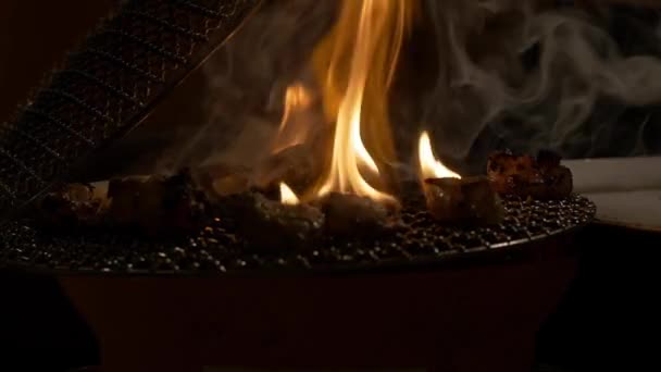 Homem Cozinhar Carne Grelha Vista Perto — Vídeo de Stock