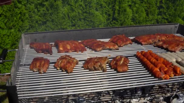 Closeup Barbeque Grill Cook Spreading Some Sauce Meat Outdoors Dayligh — Wideo stockowe