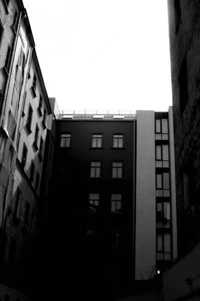 Eine Vertikale Graustufenaufnahme Von Gebäuden Unter Klarem Himmel — Stockfoto