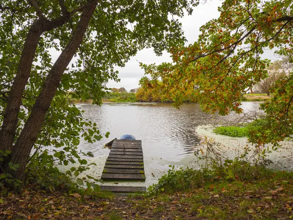 Jetée Lac Bois Dans Forêt Automne — Photo