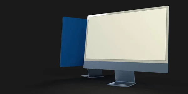 Siyah Zemin Üzerinde Beyaz Ekranı Olan Gerçekçi Bir Bilgisayar — Stok fotoğraf