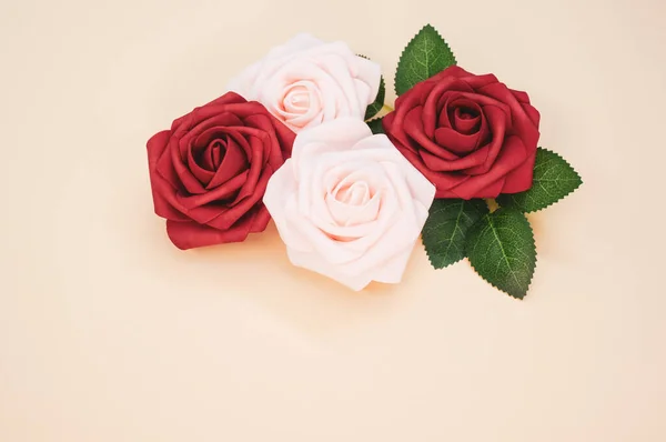 Close Rosas Vermelhas Rosa Fundo Claro Com Espaço Para Texto — Fotografia de Stock