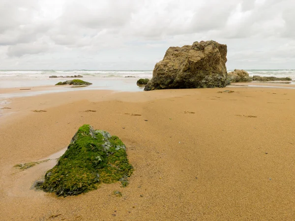 Colpo Verticale Una Spiaggia Sabbia Con Grandi Rocce Primo Piano — Foto Stock