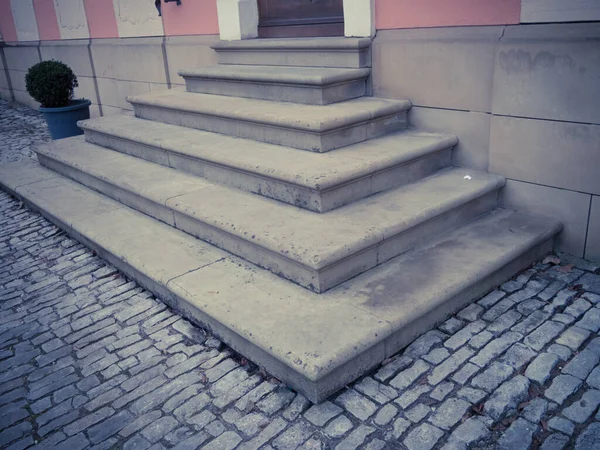 Closeup Concrete Entrance Steps Tiled Pavement — Stock Photo, Image