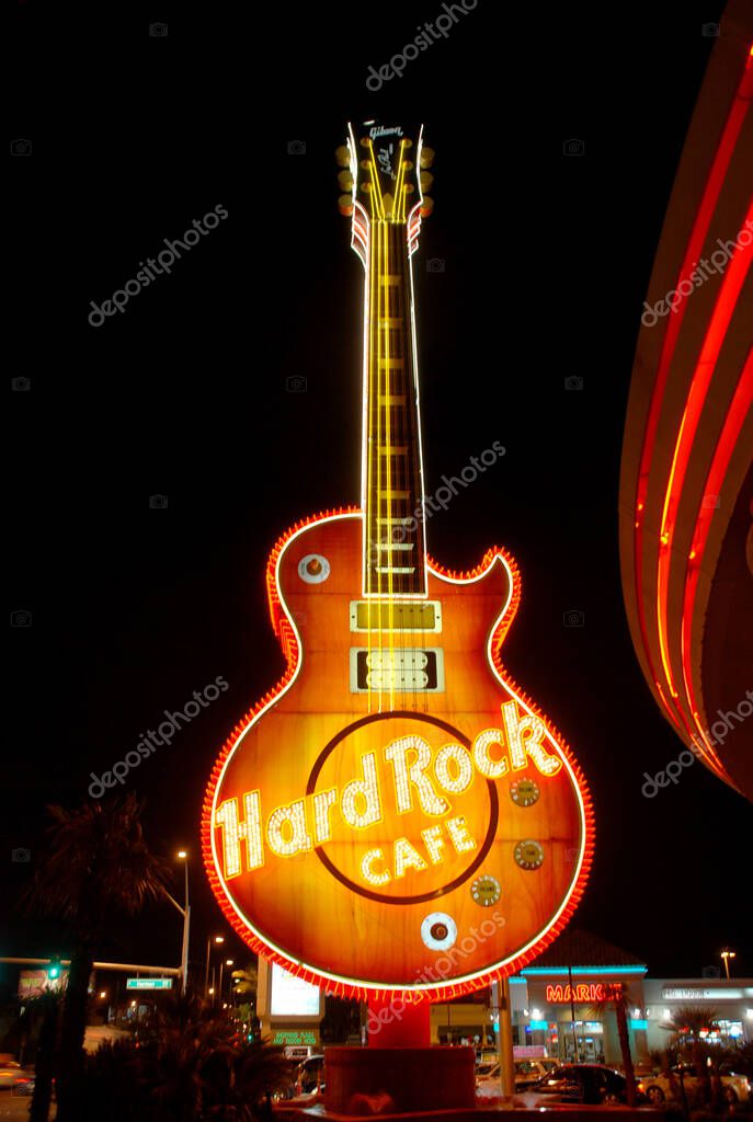 LAS VEGAS, UNITED STATES - Mar 16, 2009: Illuminated big guitar in front of Hard Rock Cafe and Hotel in Las Vegas, Nevada