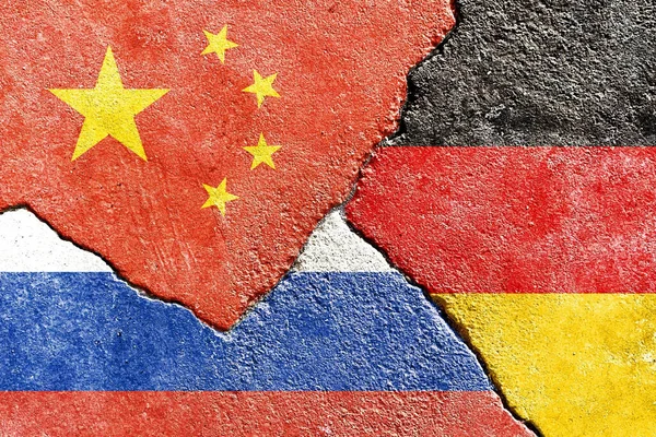 China Germany Russia Flags Cracked Wall Background International Political Conflict — Stock Photo, Image