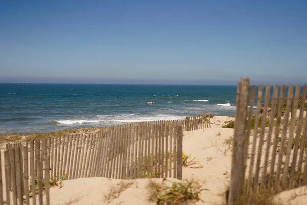 一个迷人的景观 沙滩上的沙丘与木制栅栏 — 图库照片