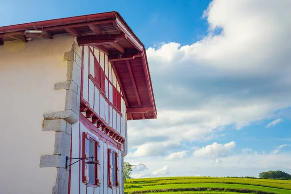 Close Edifício Típico Com Detalhes Vermelhos País Basco — Fotografia de Stock